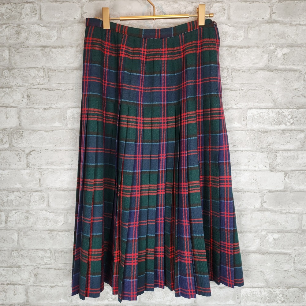 Aljean Skirt Vintage Plaid Pure Virgin Wool Pleated Kilt Midi Green Red 28W